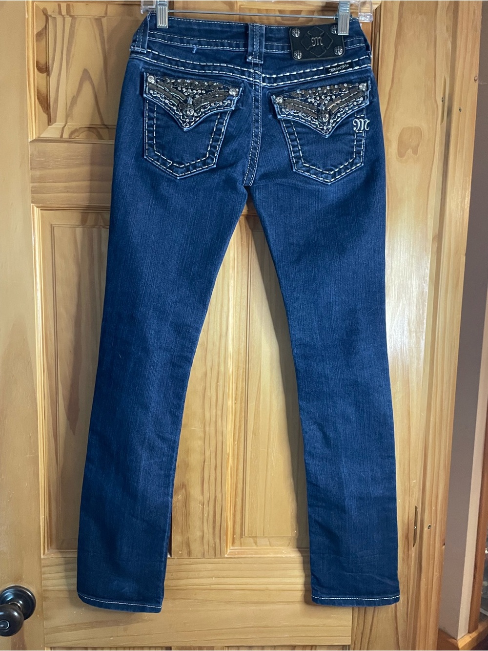 Miss Me Dark Blue Skinny Jeans with Beaded Pocket Detail